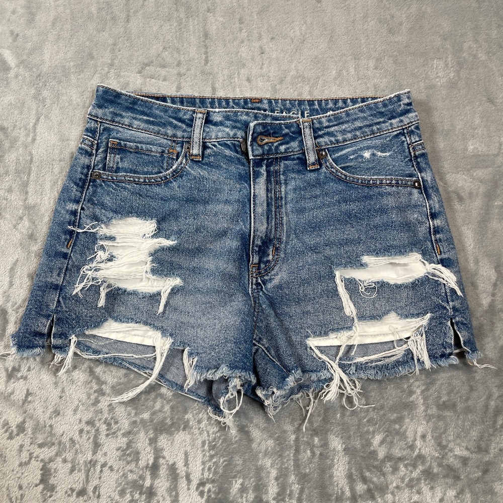 American Eagle Mom Shorts Womens 4 Blue Distressed High Rise Denim Raw Hem Jean